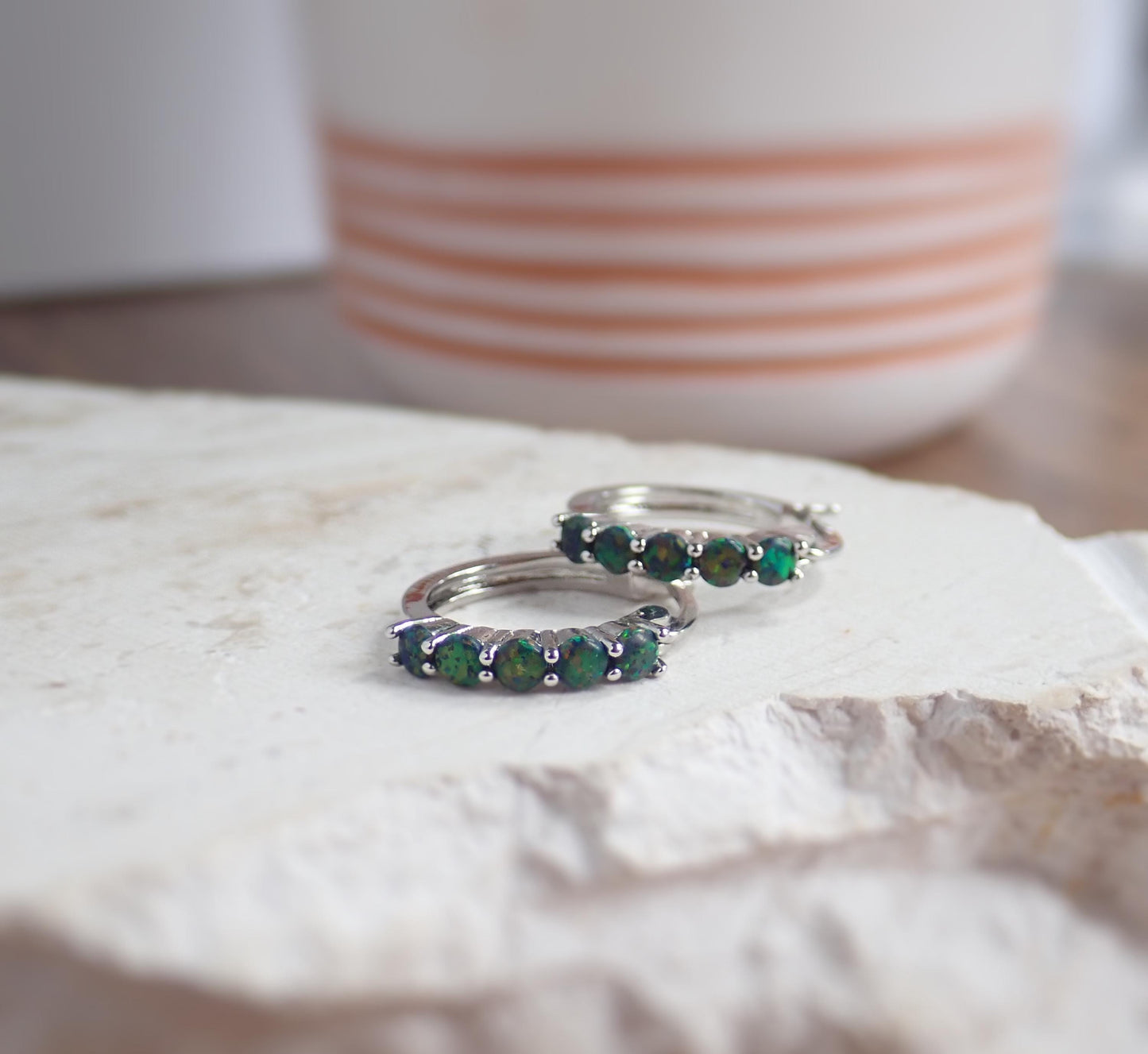 Black Opal Hoop Earrings • Silver Plated Medium Hoops with Prong Set Opals • Dainty Statement Earrings • October Birthstone Gift
