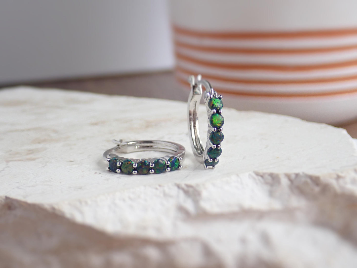 Black Opal Hoop Earrings • Silver Plated Medium Hoops with Prong Set Opals • Dainty Statement Earrings • October Birthstone Gift