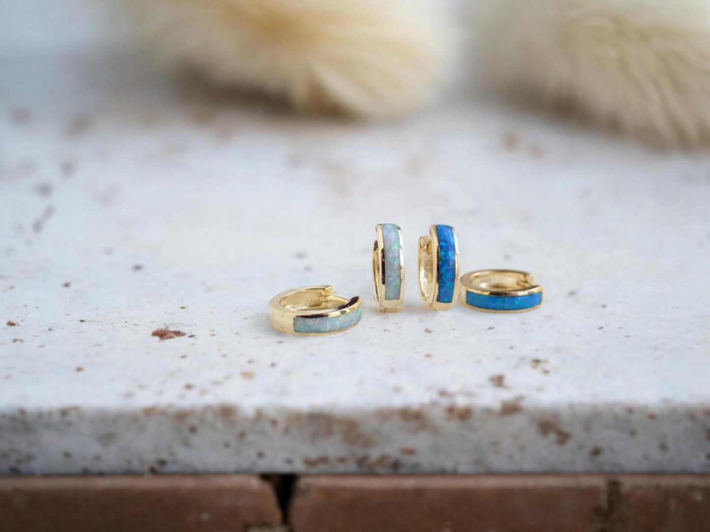 Opal Inlay Huggie Hoops - Blue or White Opal Earrings - Gold Gemstone Hoops
