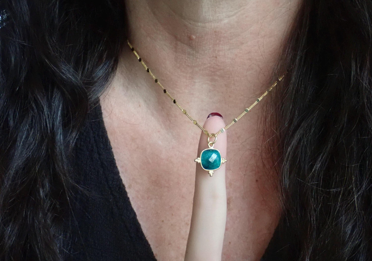 Cushion-Cut Gemstone Necklace – Ruby, Emerald, Garnet, or Sapphire in 14k Gold Fancy Bezel, 18k Gold Fill Chain
