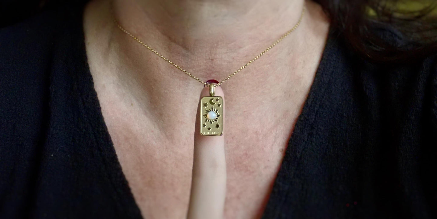 Waterproof Tarot Card Necklace – 18k Gold Fill with Opal Accent, Choose Sun, Moon, or World Pendant
