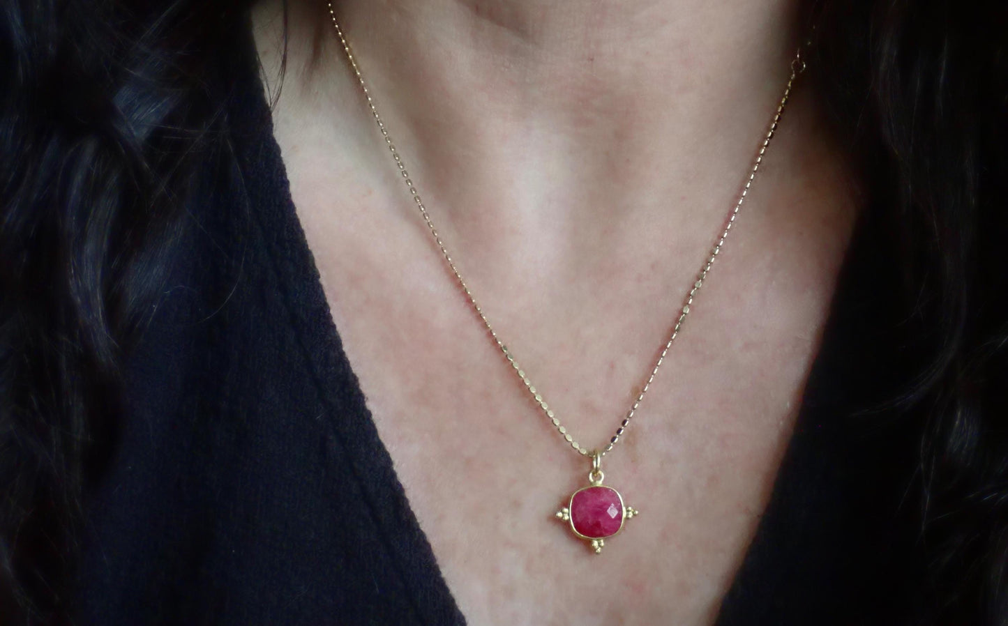 Square Ruby Pendant Necklace – 14k Gold Vermeil Fancy Bezel on 18k Gold Fill Chain, Luxe July Birthstone Jewelry