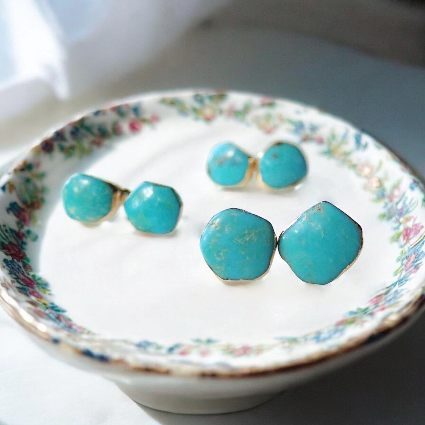 Genuine Turquoise Stud Earrings – 14k Gold Electroplated Setting