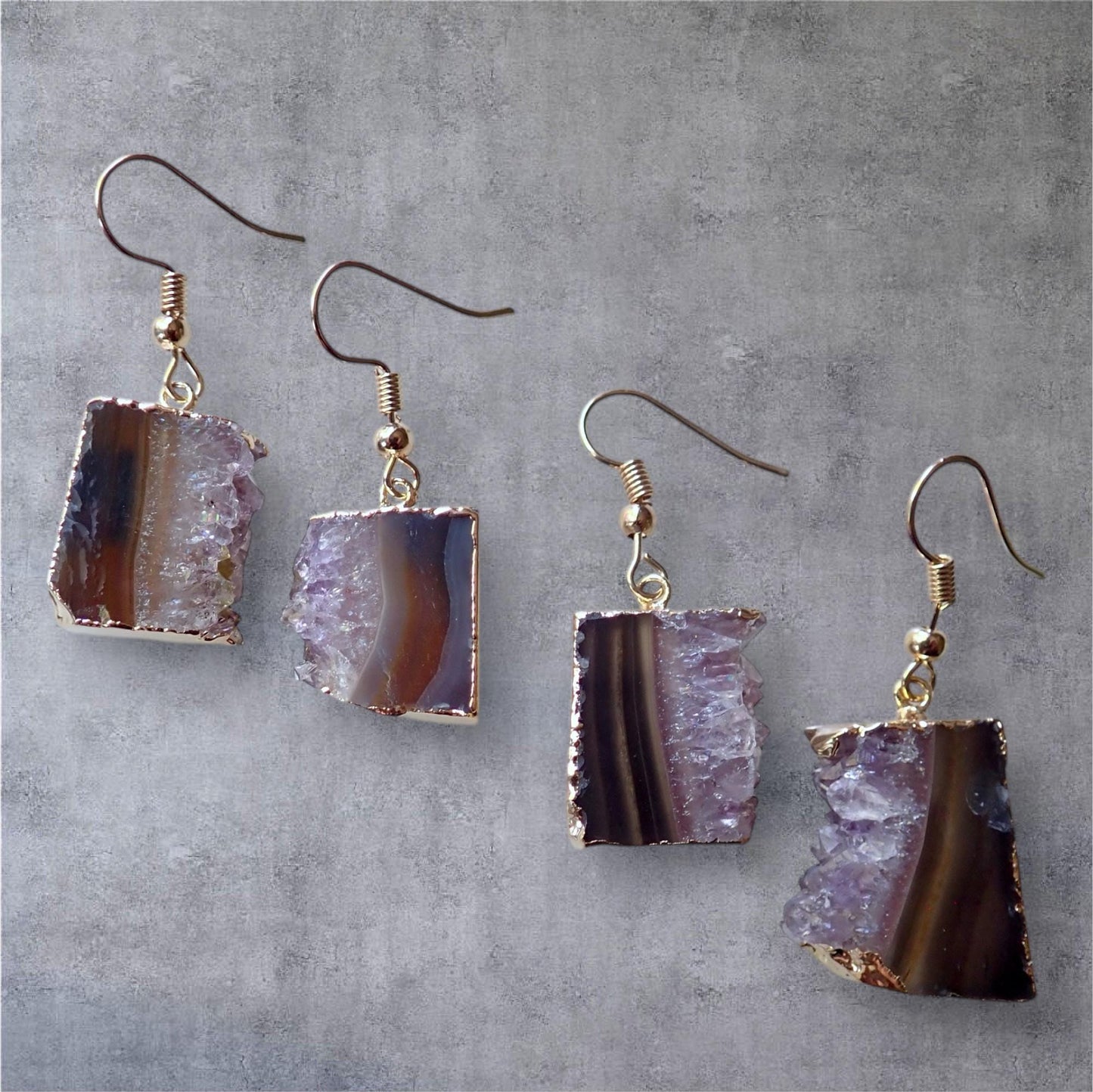 Raw Amethyst Slice Earrings – Natural Geode Gemstones on 14k Gold Plated Ear Wires