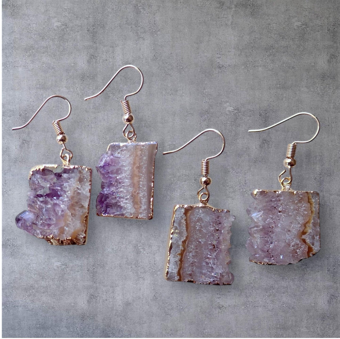 Genuine Amethyst Geode Slice Earrings – Raw Crystal Dangles with 14k Gold Plated Ear Wires