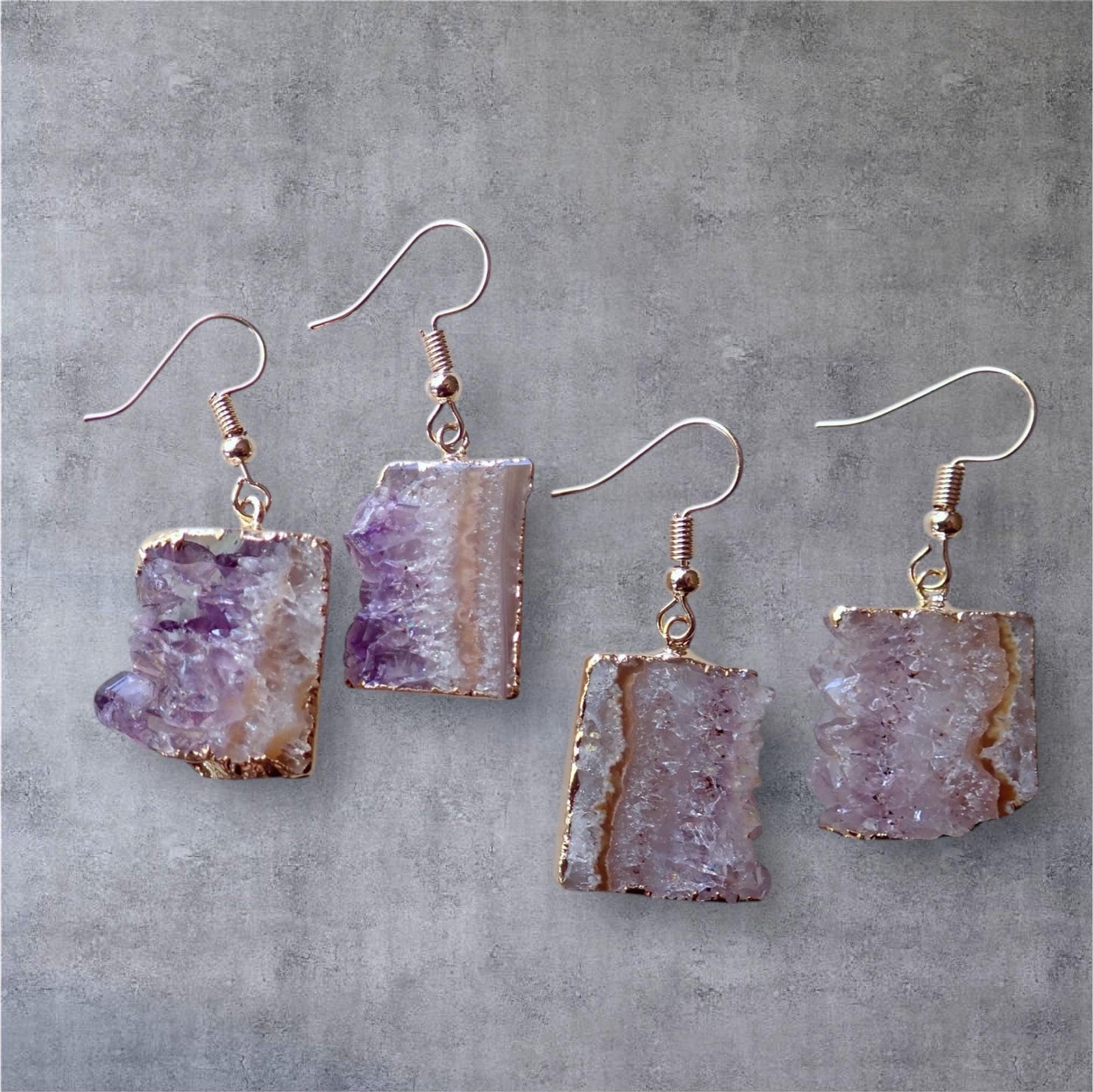 Genuine Amethyst Geode Slice Earrings – Raw Crystal Dangles with 14k Gold Plated Ear Wires