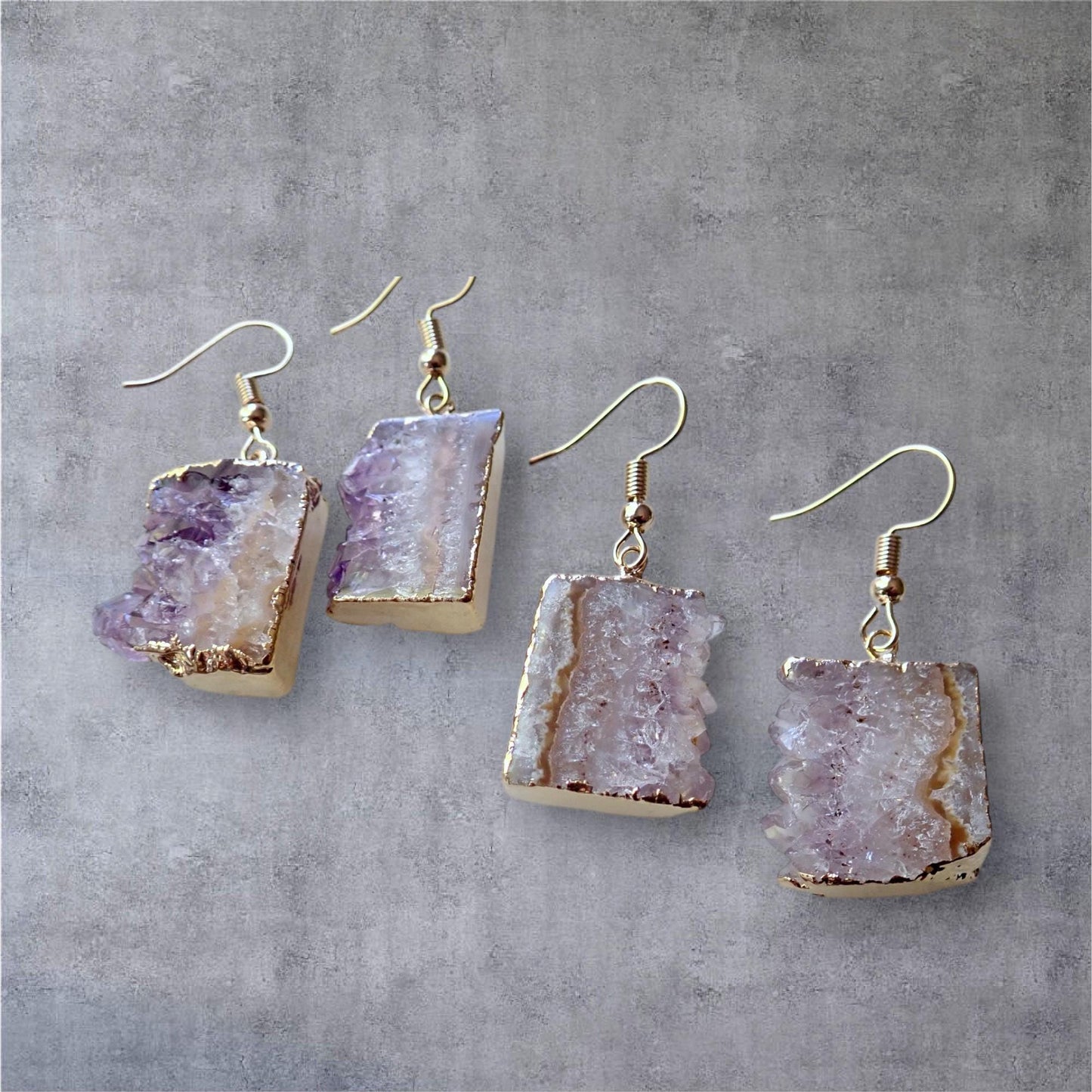 Genuine Amethyst Geode Slice Earrings – Raw Crystal Dangles with 14k Gold Plated Ear Wires