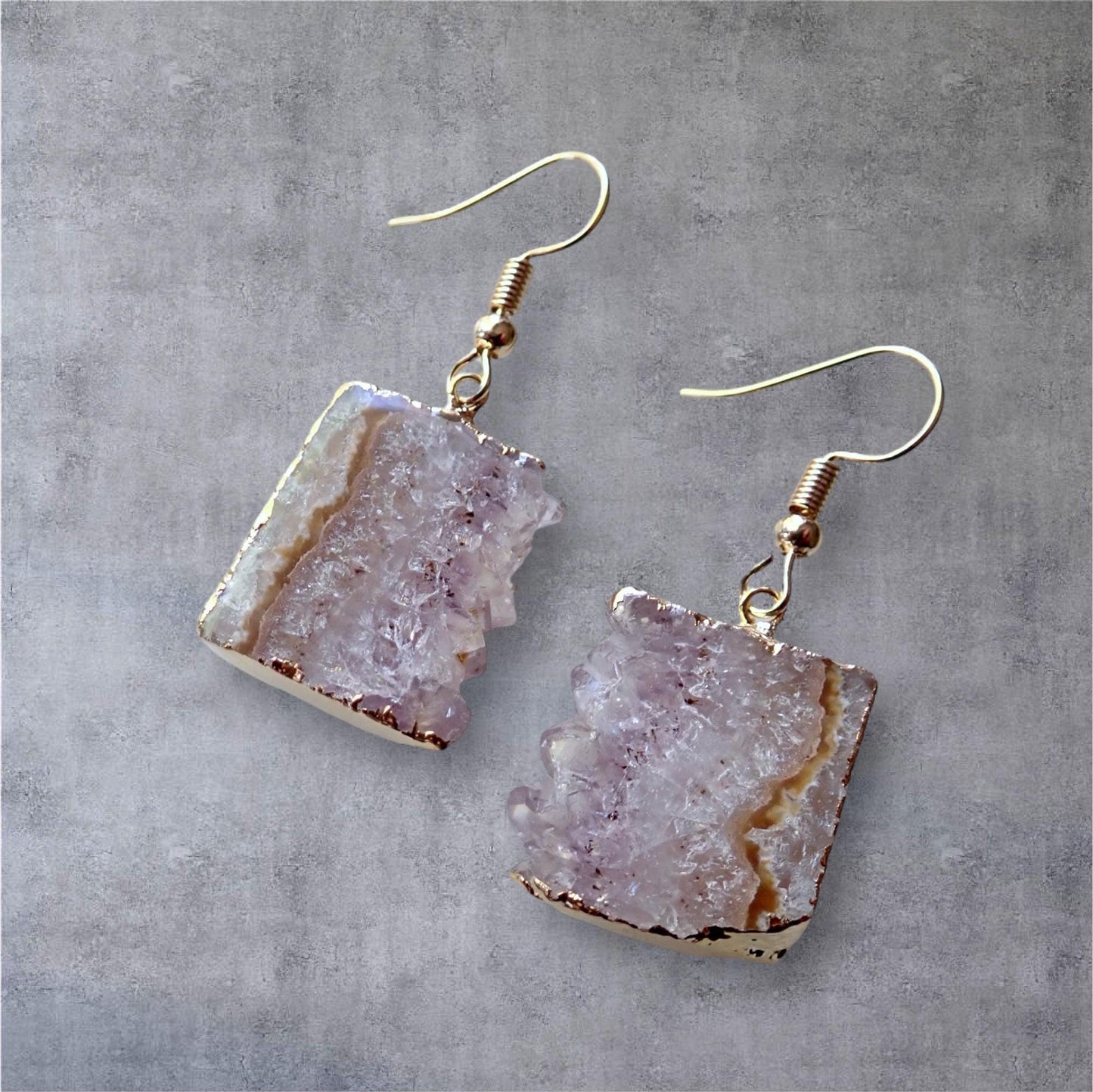 Genuine Amethyst Geode Slice Earrings – Raw Crystal Dangles with 14k Gold Plated Ear Wires