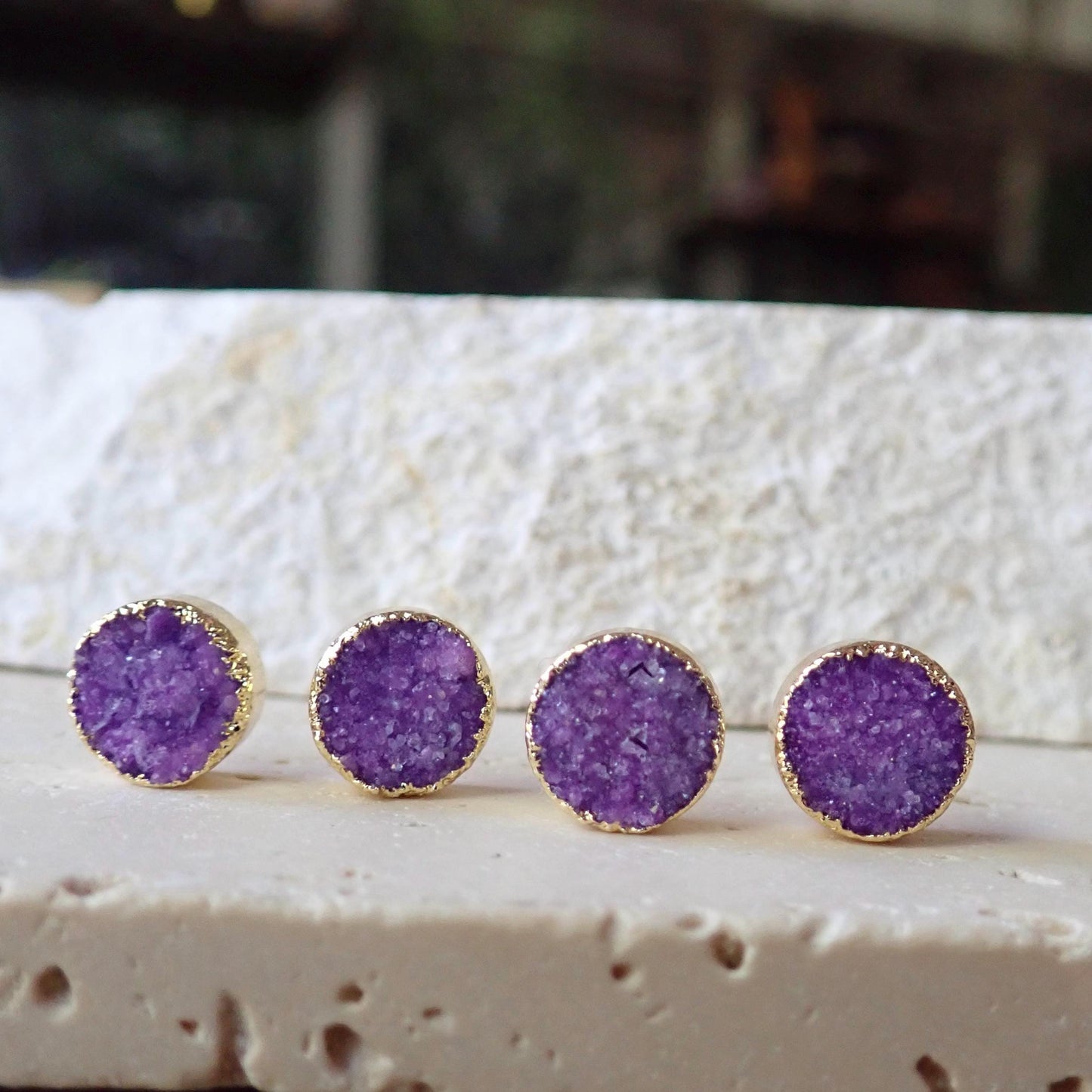 Purple Druzy Crystal Studs – Round Cut with 14k Gold Plating