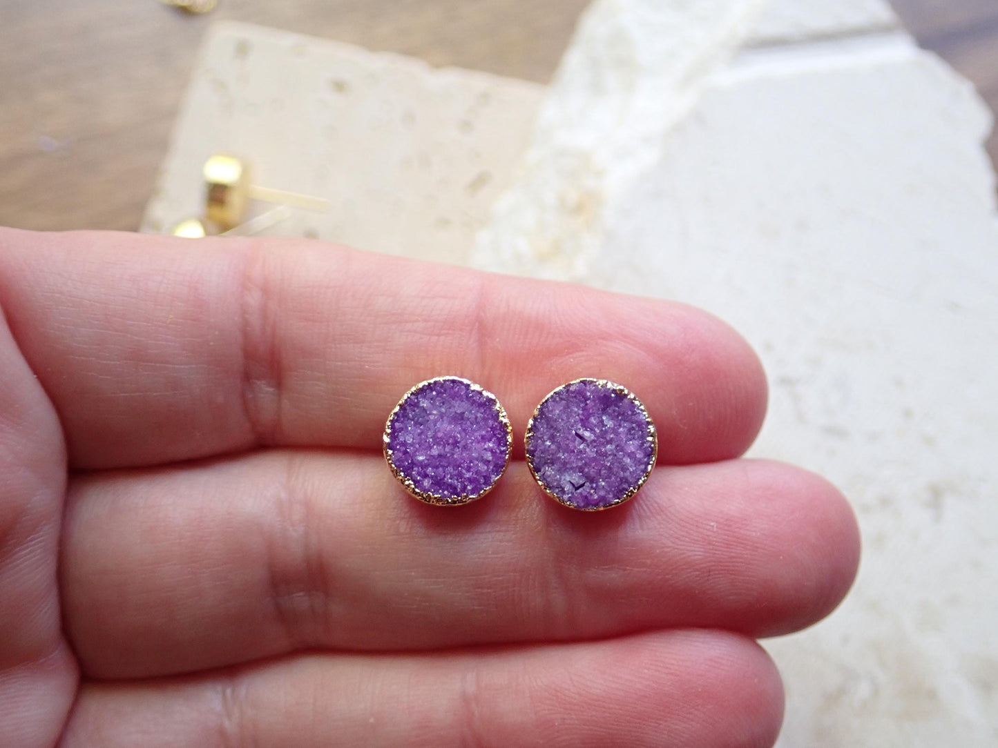 Purple Druzy Crystal Studs – Round Cut with 14k Gold Plating