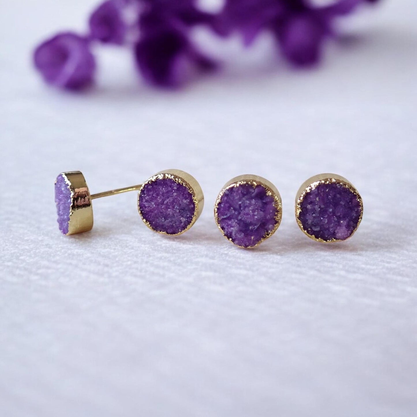 Purple Druzy Crystal Studs – Round Cut with 14k Gold Plating