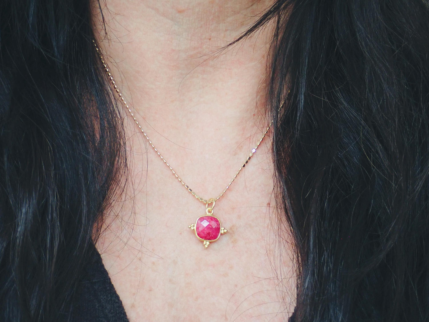 Square Ruby Pendant Necklace – 14k Gold Vermeil Fancy Bezel on 18k Gold Fill Chain, Luxe July Birthstone Jewelry