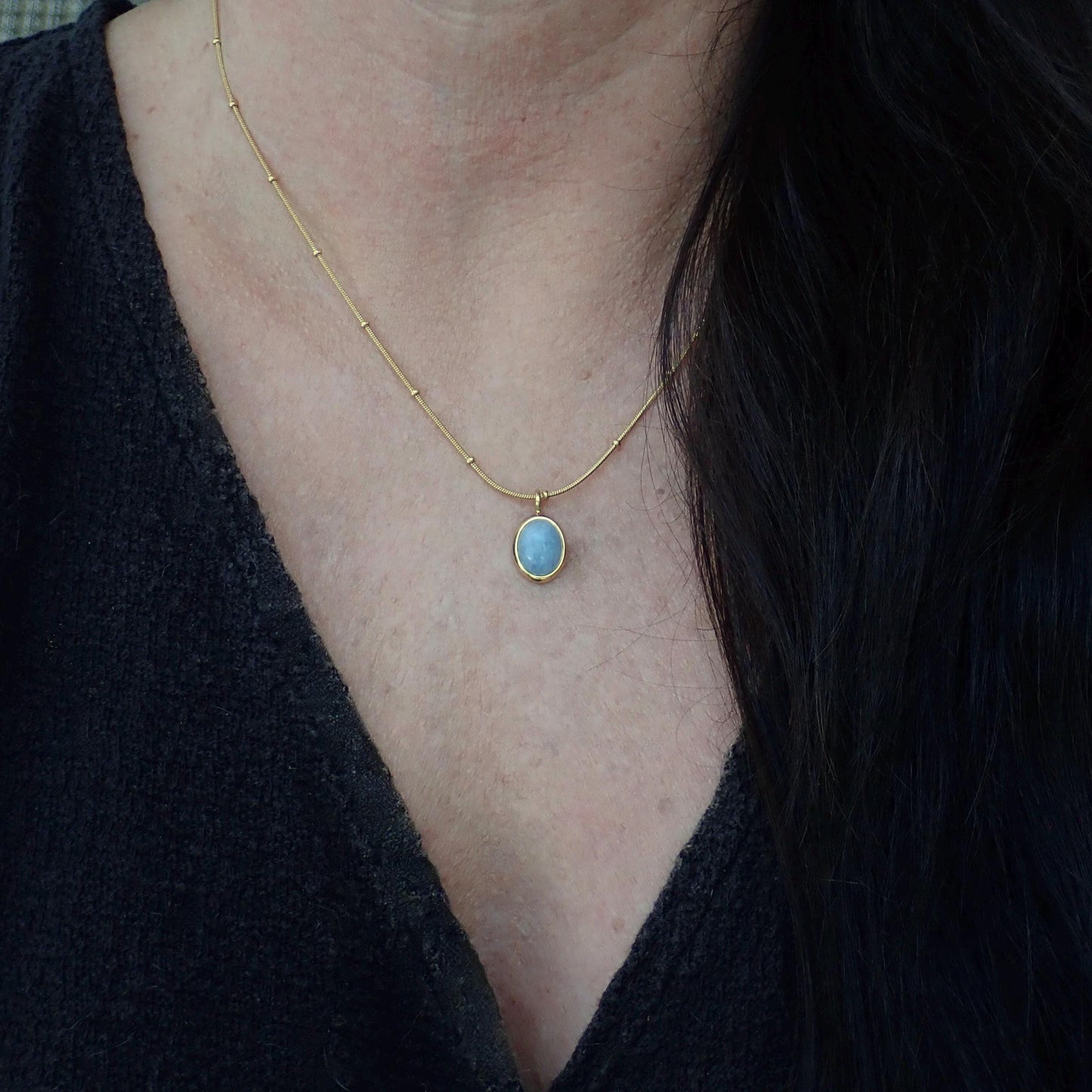 Waterproof Aquamarine Gemstone Necklace - 18K Gold Snake Chain Pendant Necklace, Blue Crystal PVD Pendant Necklace