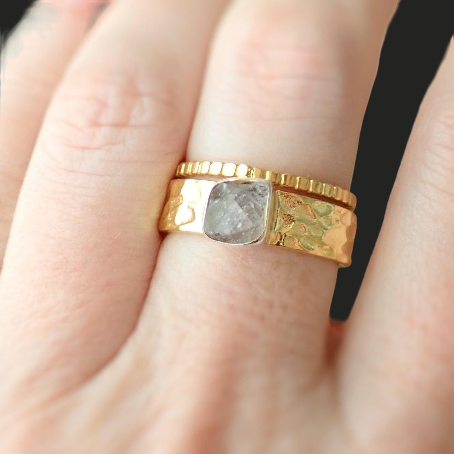 Raw Herkimer Diamond Ring – Wide Hammered Band in Two-Tone Gold & Silver - Rustic Herkimer Diamond Ring – Mixed Metal Band with Raw Crystal Solitaire
