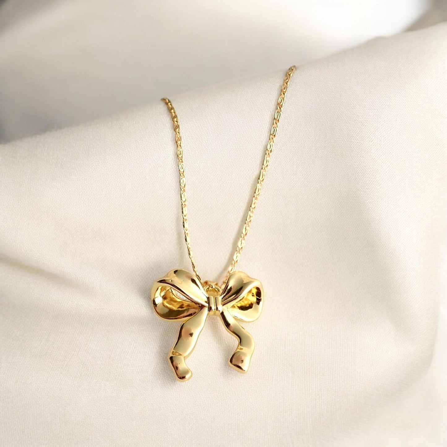 Gold Ribbon Bow Necklace – Medium 18k Gold Fill Pendant on Matching Chain, Feminine Everyday Jewelry