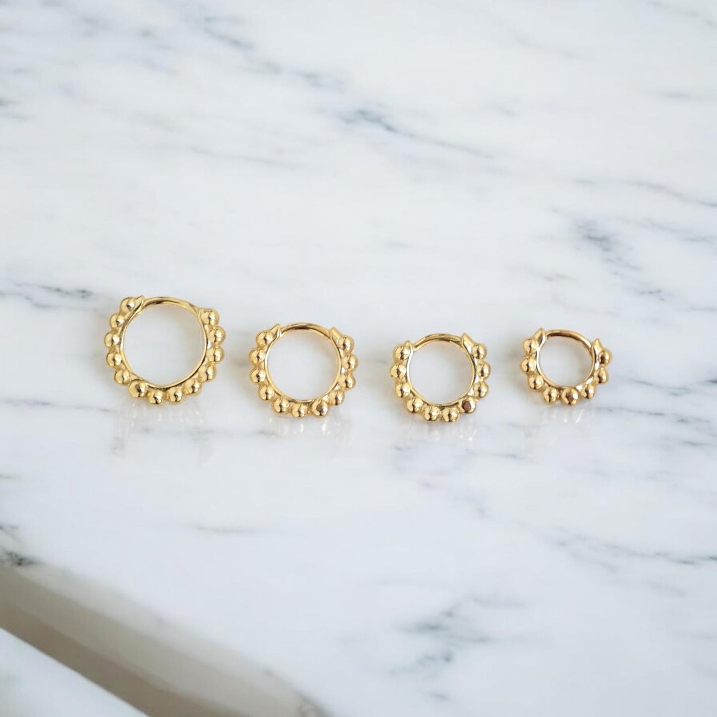 Beaded Gold Huggie Hoop Earrings – 18k Gold Over Sterling Silver, Tiny Everyday Hoops in 6mm–9mm Sizes