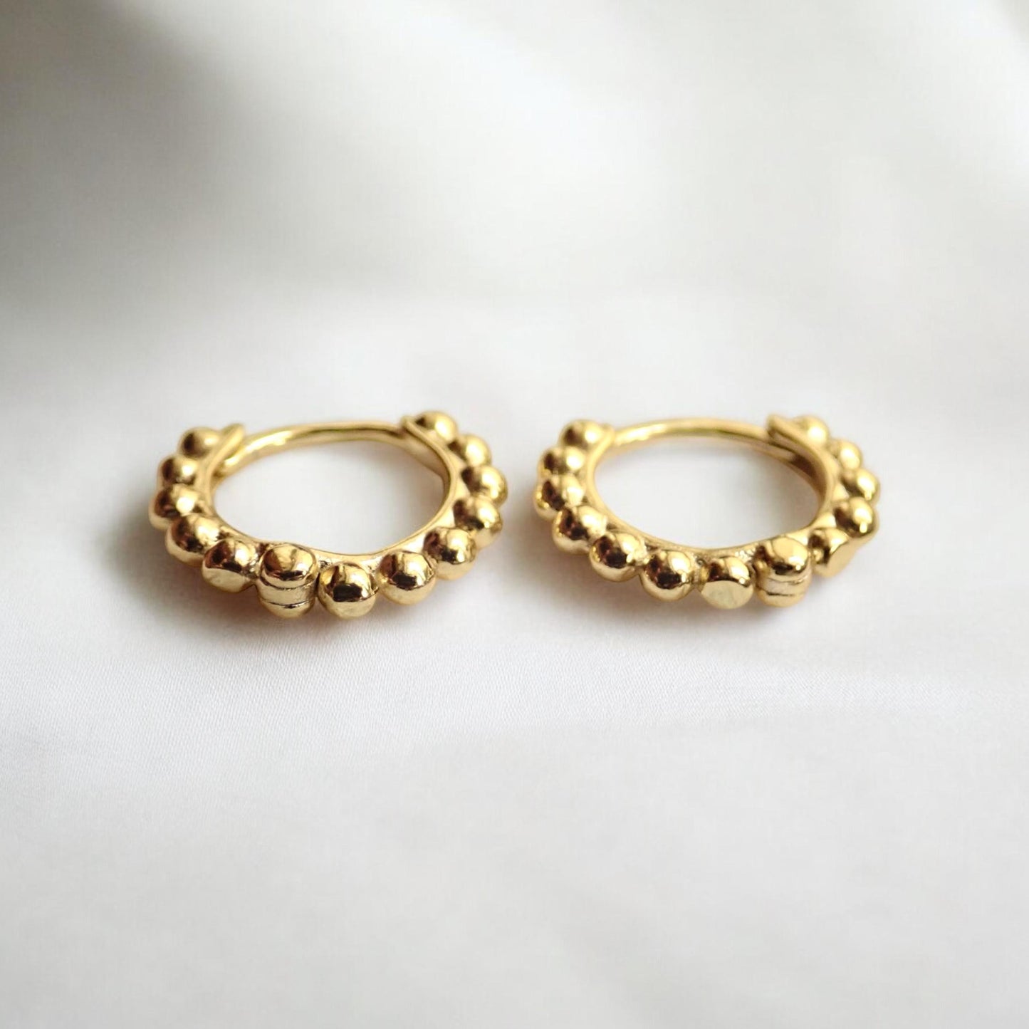 Beaded Gold Huggie Hoop Earrings – 18k Gold Over Sterling Silver, Tiny Everyday Hoops in 6mm–9mm Sizes