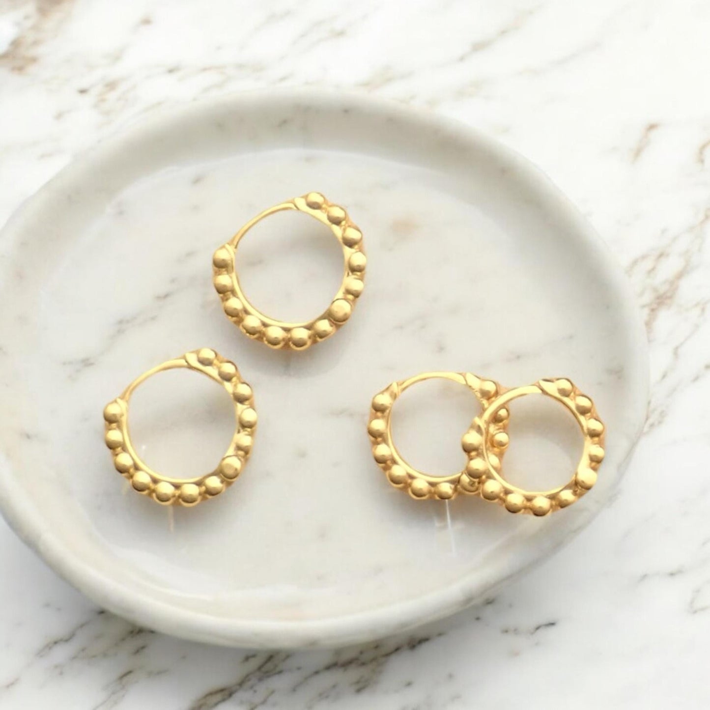 Beaded Gold Huggie Hoop Earrings – 18k Gold Over Sterling Silver, Tiny Everyday Hoops in 6mm–9mm Sizes