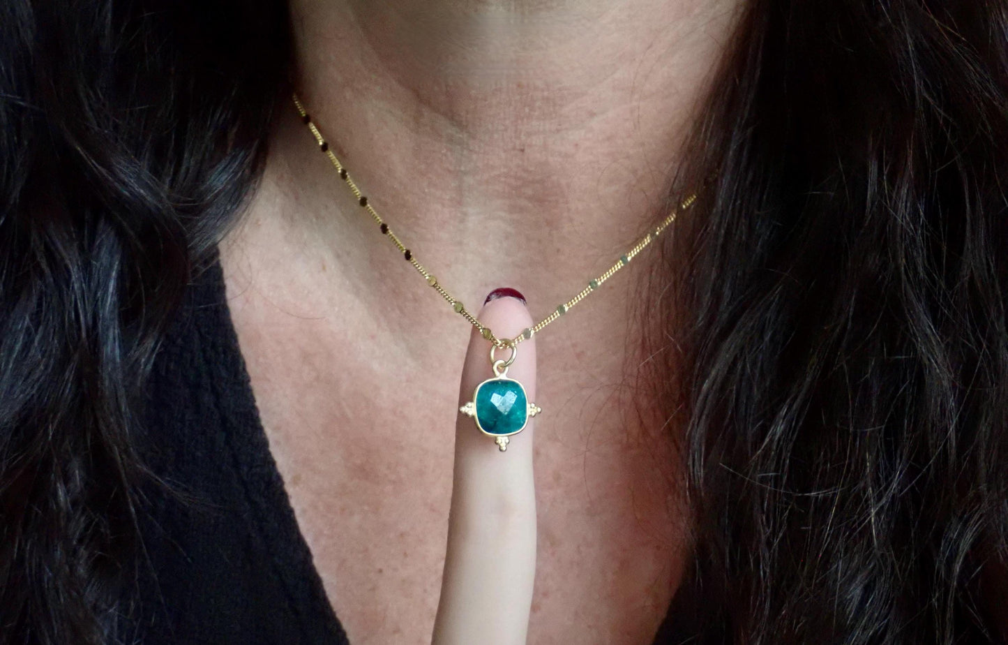 Cushion-Cut Gemstone Necklace – Ruby, Emerald, Garnet, or Sapphire in 14k Gold Fancy Bezel, 18k Gold Fill Chain