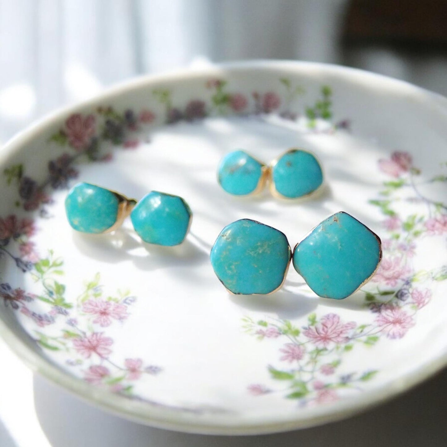 Genuine Turquoise Stud Earrings – 14k Gold Electroplated Setting