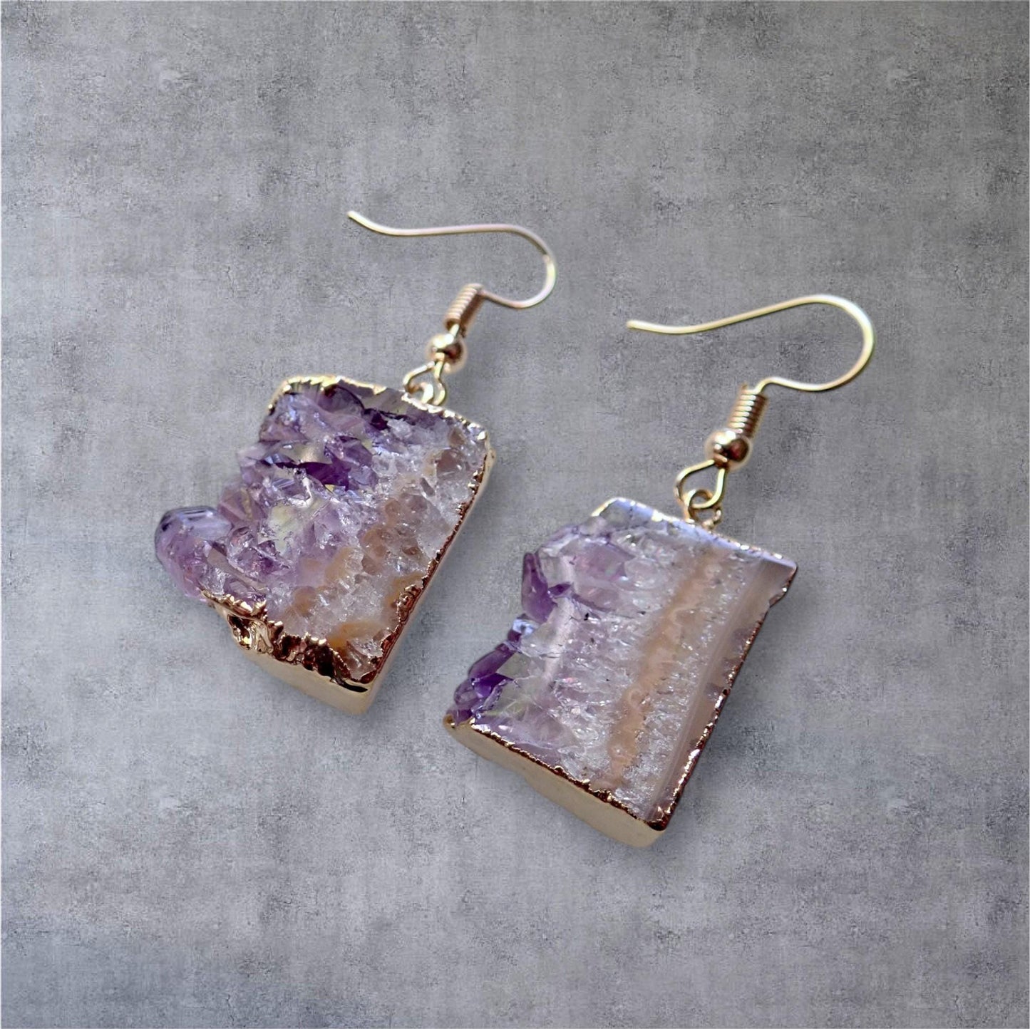 Genuine Amethyst Geode Slice Earrings – Raw Crystal Dangles with 14k Gold Plated Ear Wires