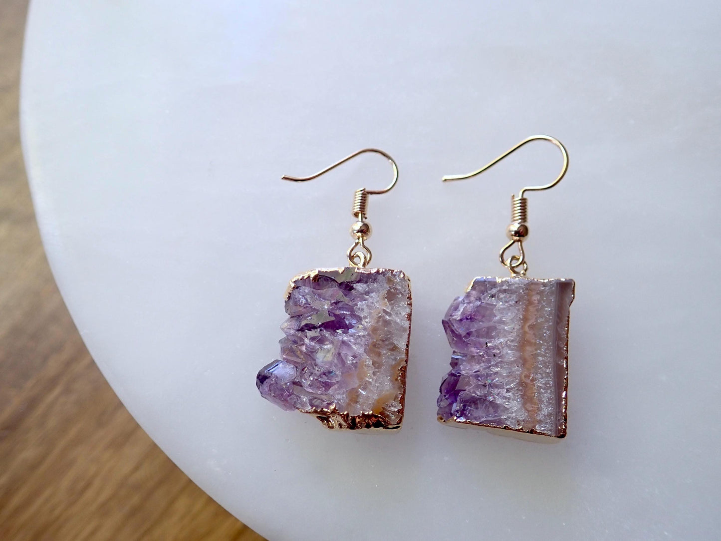 Genuine Amethyst Geode Slice Earrings – Raw Crystal Dangles with 14k Gold Plated Ear Wires