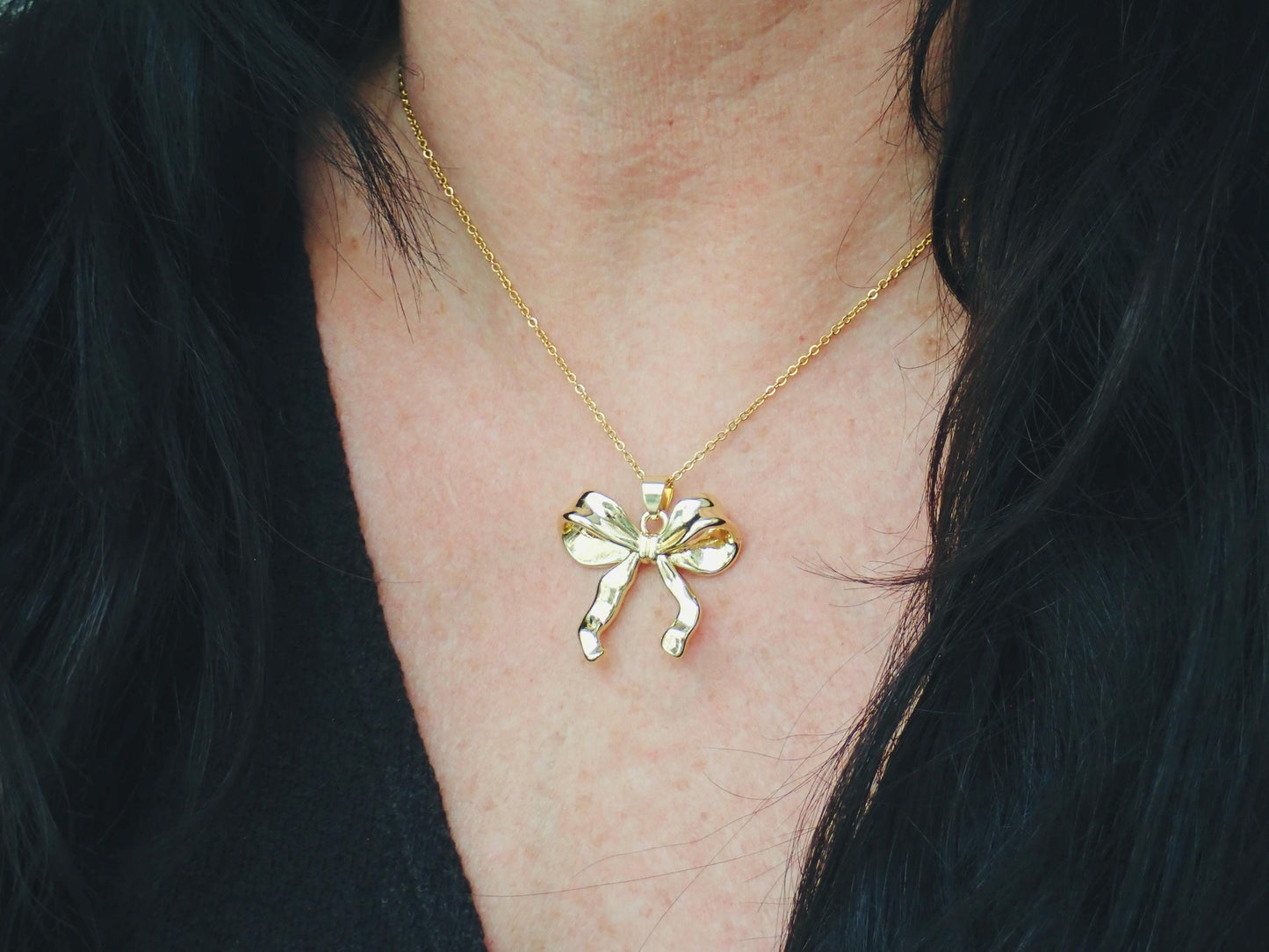 Gold Ribbon Bow Necklace – Medium 18k Gold Fill Pendant on Matching Chain, Feminine Everyday Jewelry