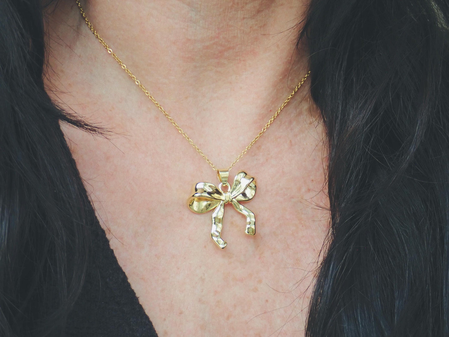 Gold Ribbon Bow Necklace – Medium 18k Gold Fill Pendant on Matching Chain, Feminine Everyday Jewelry