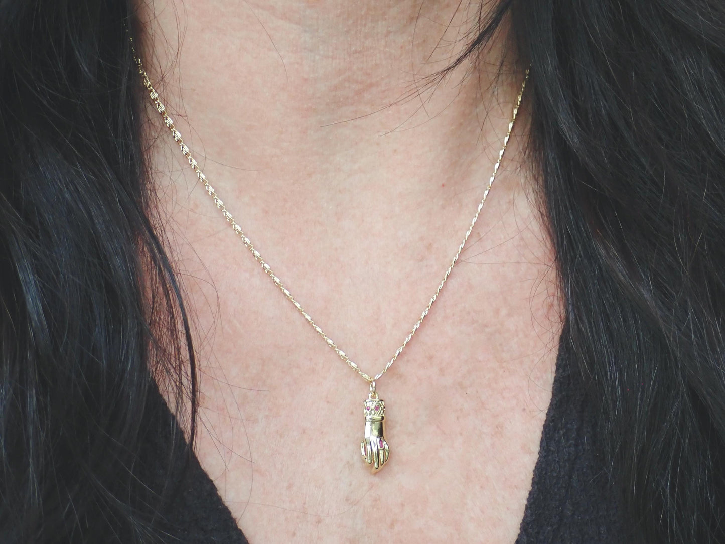 Victorian Hand Pendant Necklace • 14K Gold Filled Mano Figa Style with Garnet CZ Accents • Gothic Talisman Jewelry • Antique-Inspired Necklace