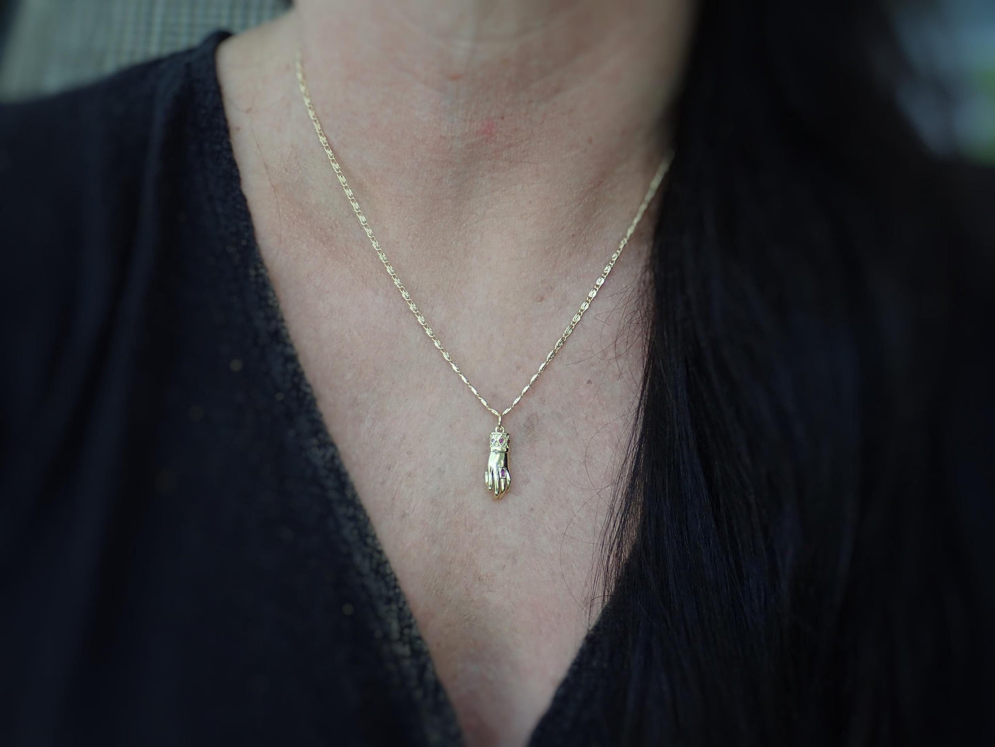 Victorian Hand Pendant Necklace • 14K Gold Filled Mano Figa Style with Garnet CZ Accents • Gothic Talisman Jewelry • Antique-Inspired Necklace