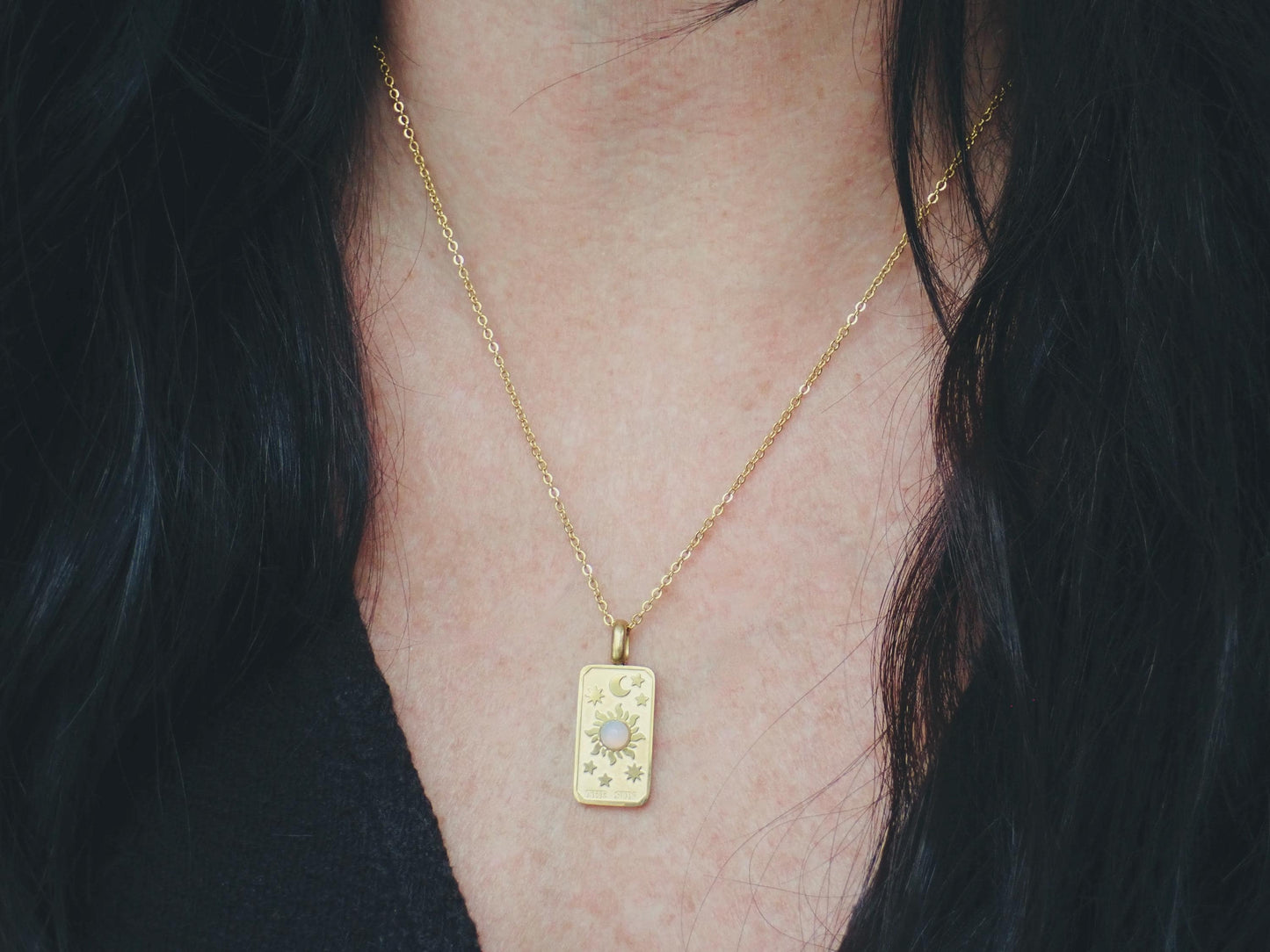 Waterproof Tarot Card Necklace – 18k Gold Fill with Opal Accent, Choose Sun, Moon, or World Pendant