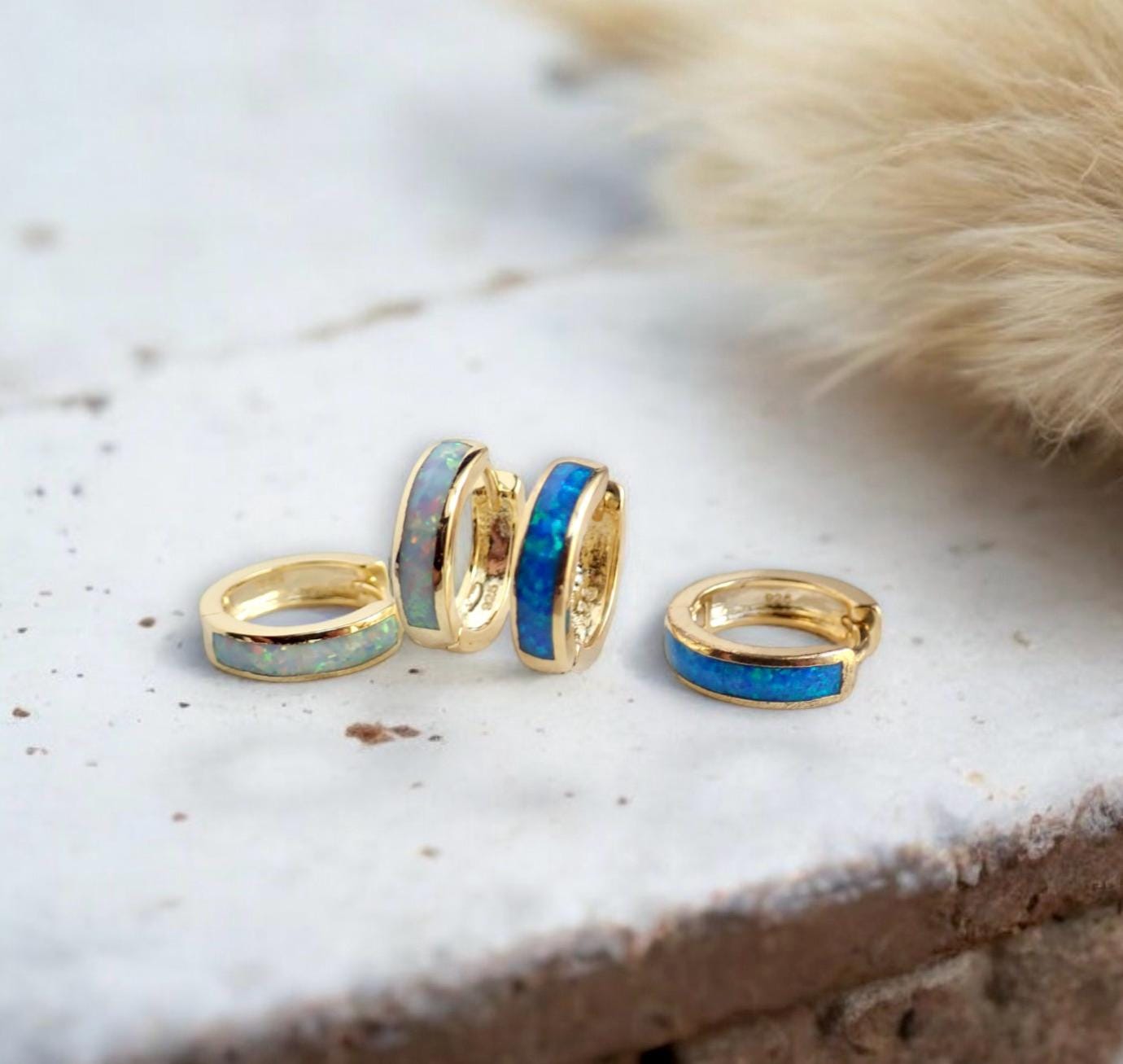 Opal Inlay Huggie Hoops - Blue or White Opal Earrings - Gold Gemstone Hoops