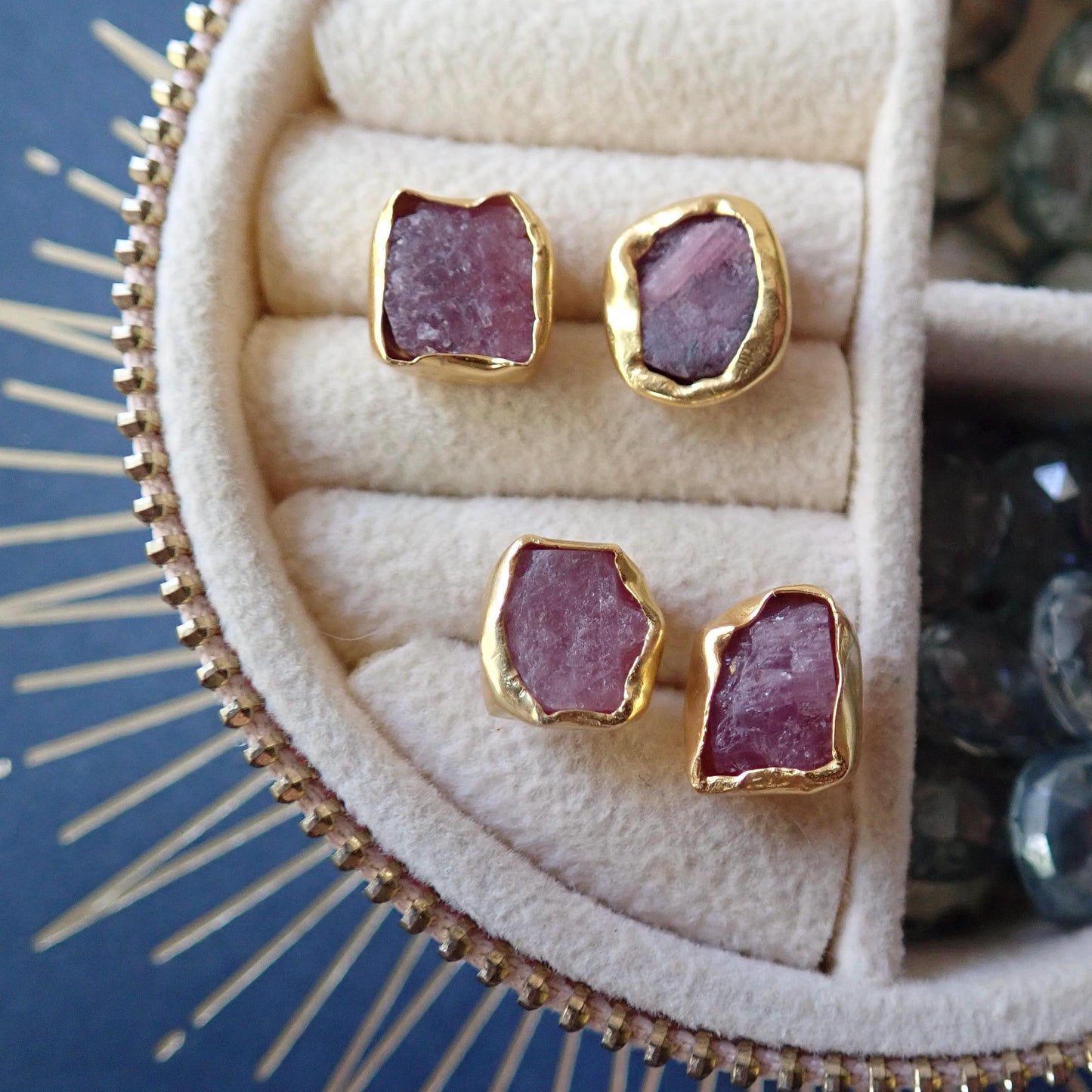 Raw Ruby Stud Earrings – Natural July Birthstone in Gold Setting-  14k Gold Vermeil Studs with Natural Gemstones