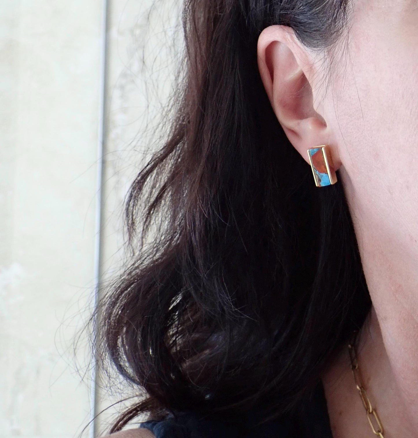 Mojave Oyster Turquoise Stud Earrings- Gold , Rectangle Bar Design, Blue and Orange