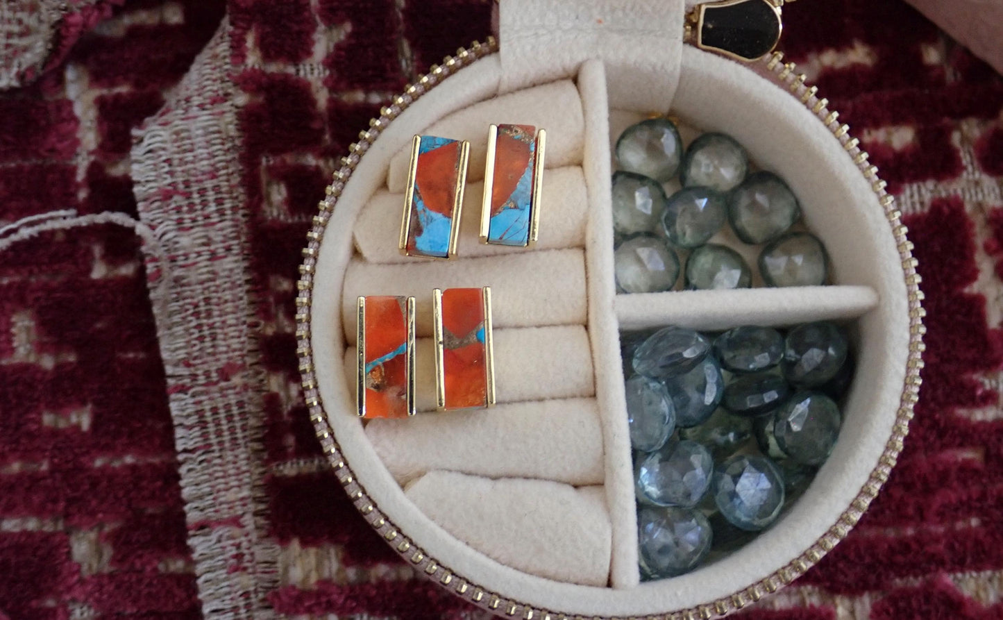 Mojave Oyster Turquoise Stud Earrings- Gold , Rectangle Bar Design, Blue and Orange