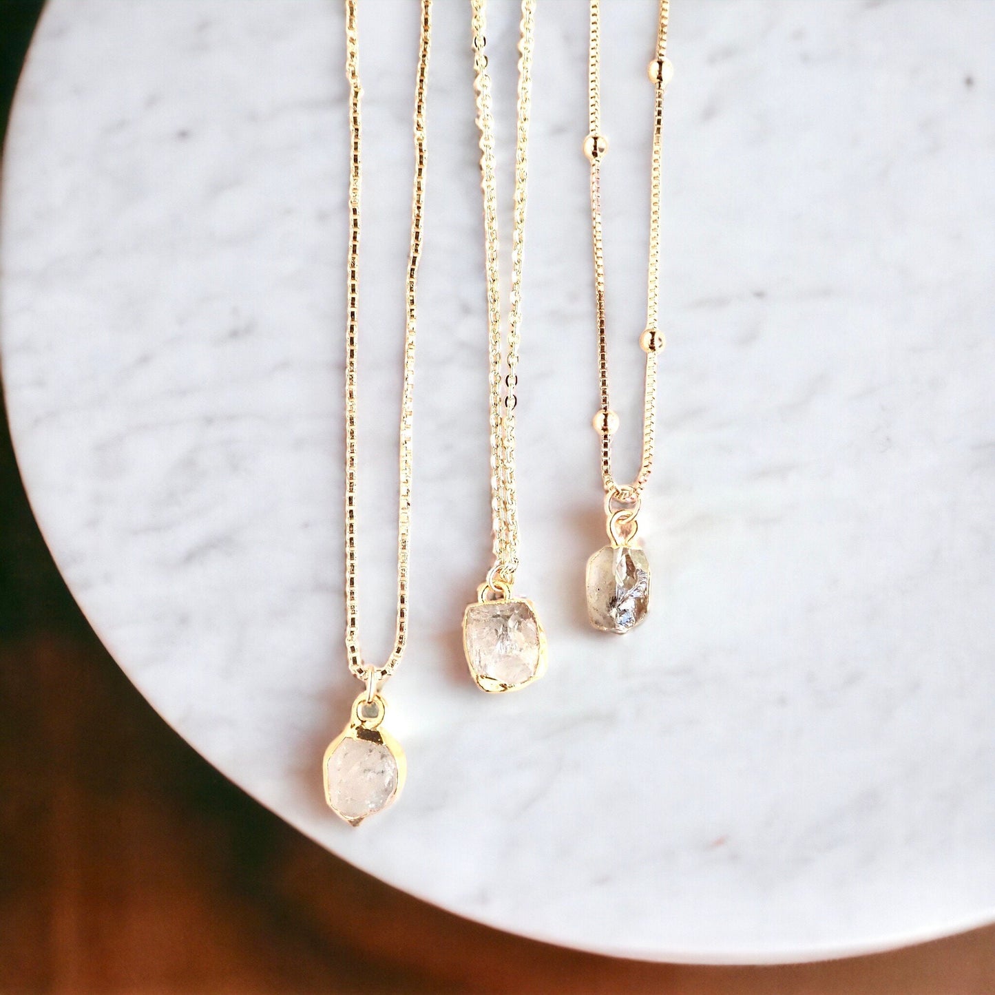 Raw Herkimer Diamond Necklace – 14k Gold Dipped Crystal on Gold Filled Chain