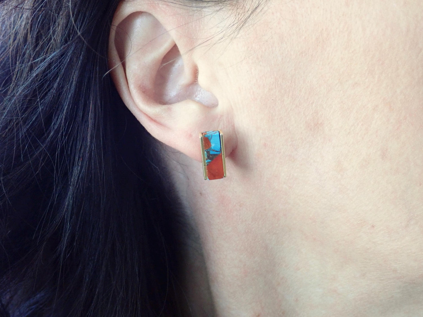 Mojave Oyster Turquoise Stud Earrings- Gold , Rectangle Bar Design, Blue and Orange