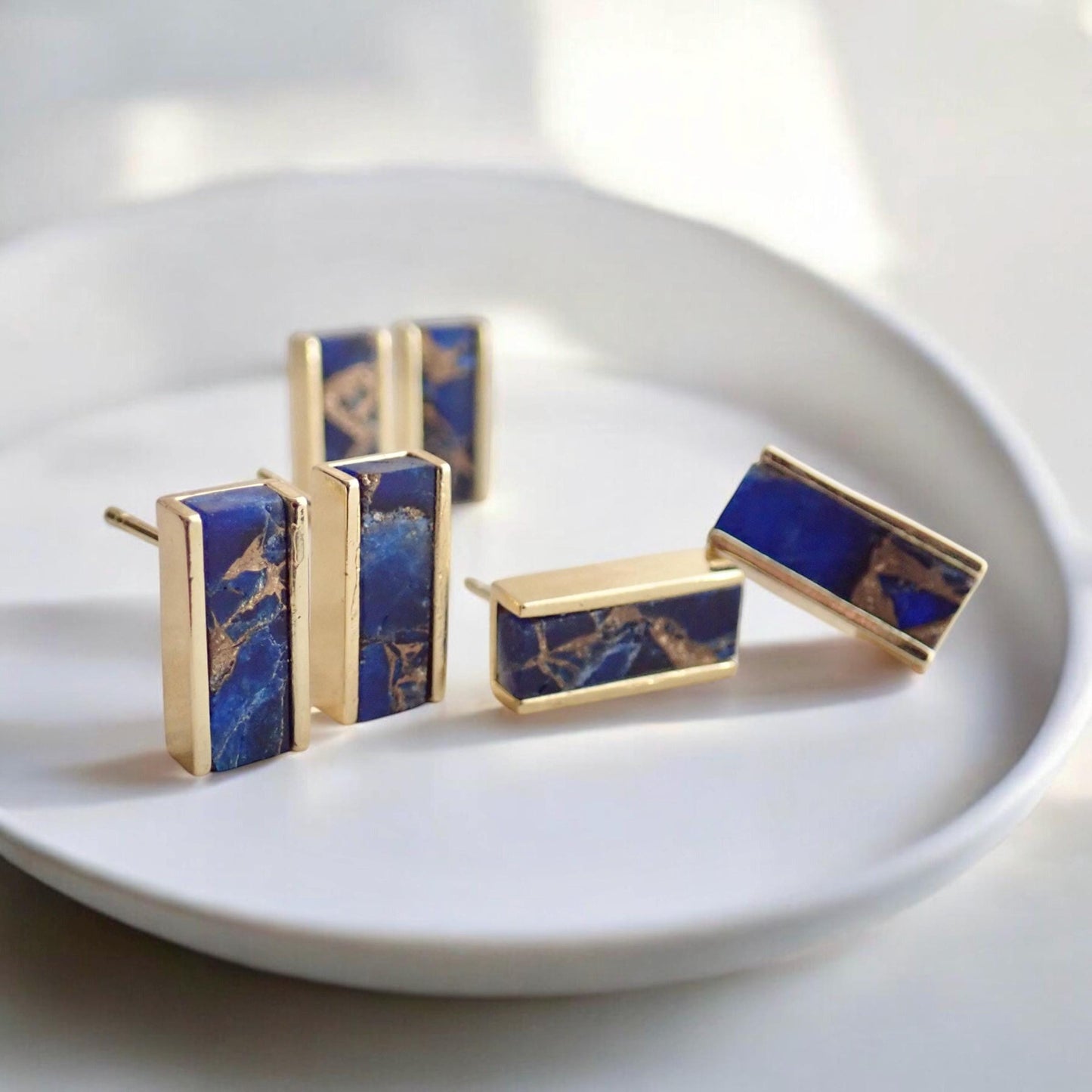 Sapphire Mojave Stud Earrings, Blue Jade Earrings ,September Birthstone, Blue Gemstone Studs, Sapphire Jewelry, Gemstone Bar Earrings Gold