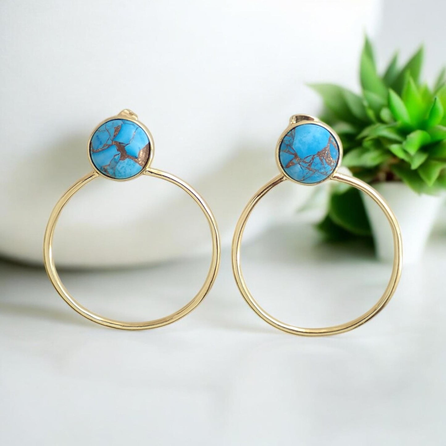 Turquoise Hoop Earrings, Mojave Turquoise Earrings Gold, December Birthstone Gift, Gemstone Hoops, Boho Gemstone Jewelry, Medium Gold Hoops