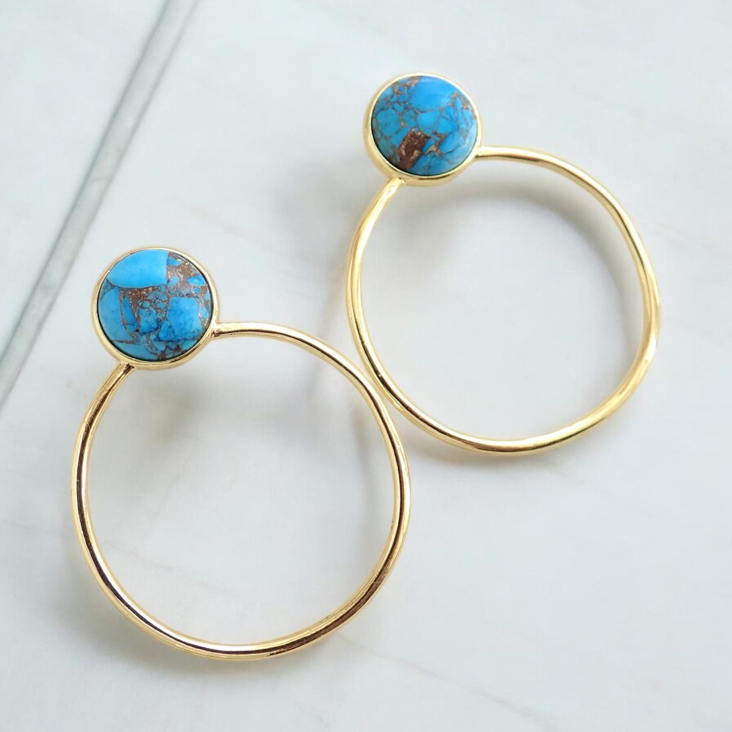 Turquoise Hoop Earrings, Mojave Turquoise Earrings Gold, December Birthstone Gift, Gemstone Hoops, Boho Gemstone Jewelry, Medium Gold Hoops