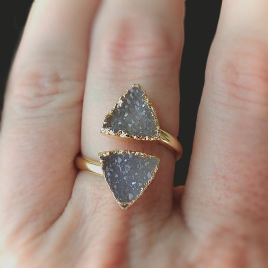 Genuine Druzy Gemstone Ring - 14k Gold Wrap Around Ring, Spiral Adjustable Open Ring for Women