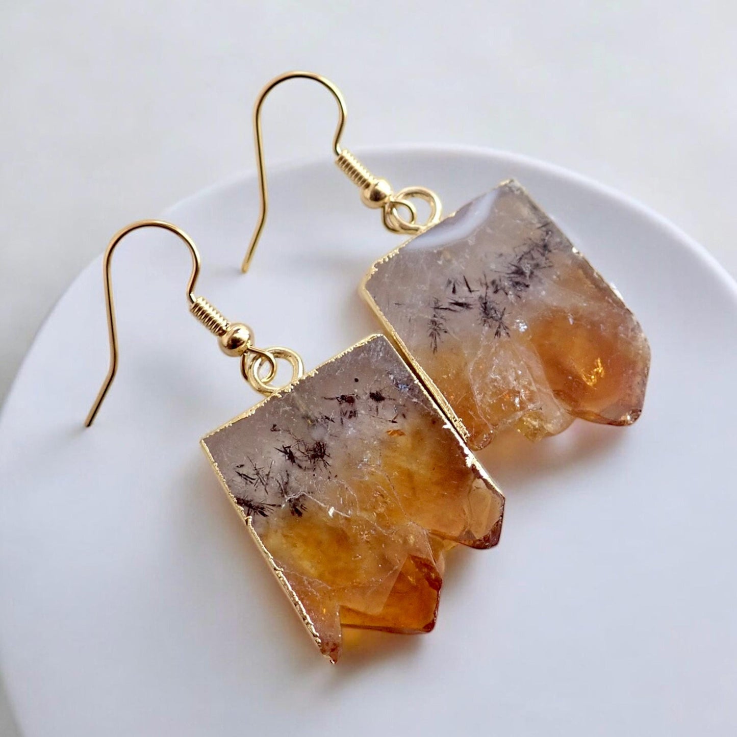 Citrine Slice Dangle Earrings -14K Gold Raw Gemstone Earrings, November Birthstone Jewelry, Boho Crystal Earrings