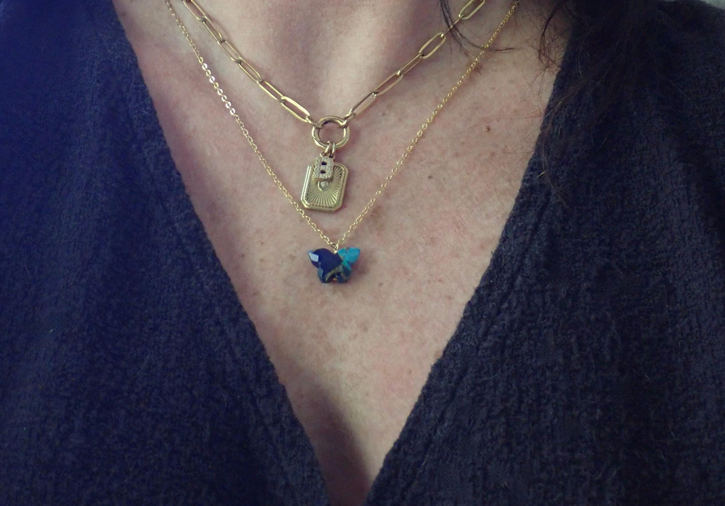Dainty Butterfly Necklace – 18k Gold Fill with Carved Mojave Turquoise & Lapis Lazuli Pendant, Nature-Inspired Jewelry
