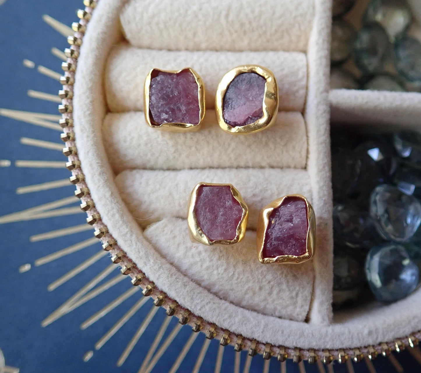 Raw Ruby Stud Earrings – Natural July Birthstone in Gold Setting-  14k Gold Vermeil Studs with Natural Gemstones