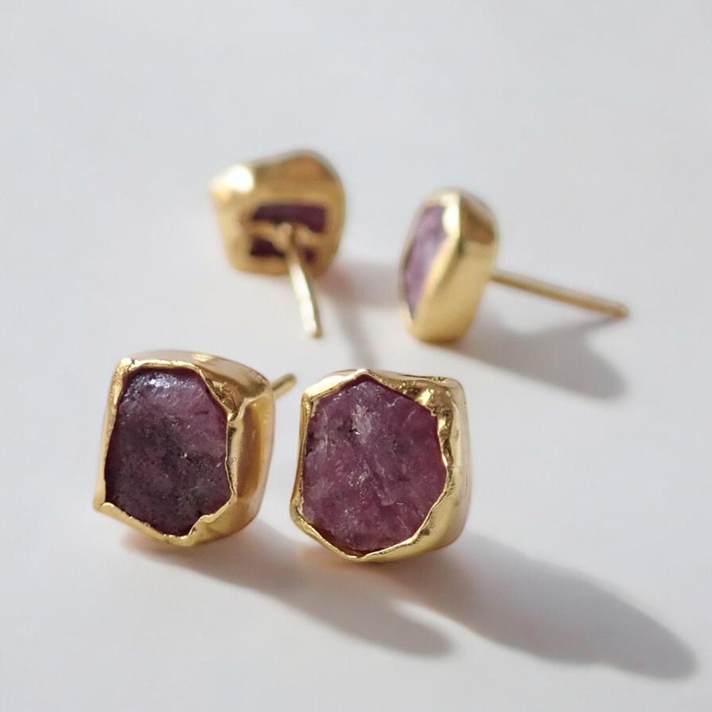 Raw Ruby Stud Earrings – Natural July Birthstone in Gold Setting-  14k Gold Vermeil Studs with Natural Gemstones