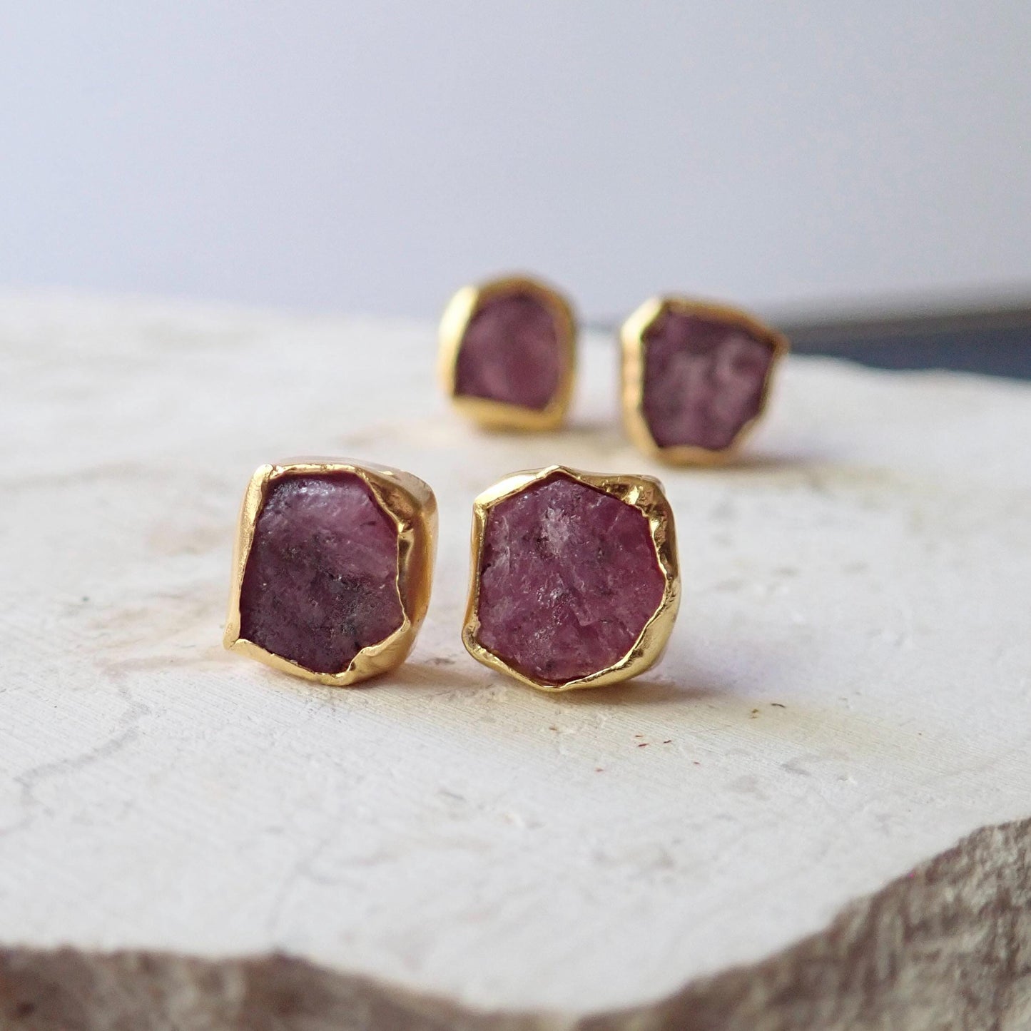 Raw Ruby Stud Earrings – Natural July Birthstone in Gold Setting-  14k Gold Vermeil Studs with Natural Gemstones