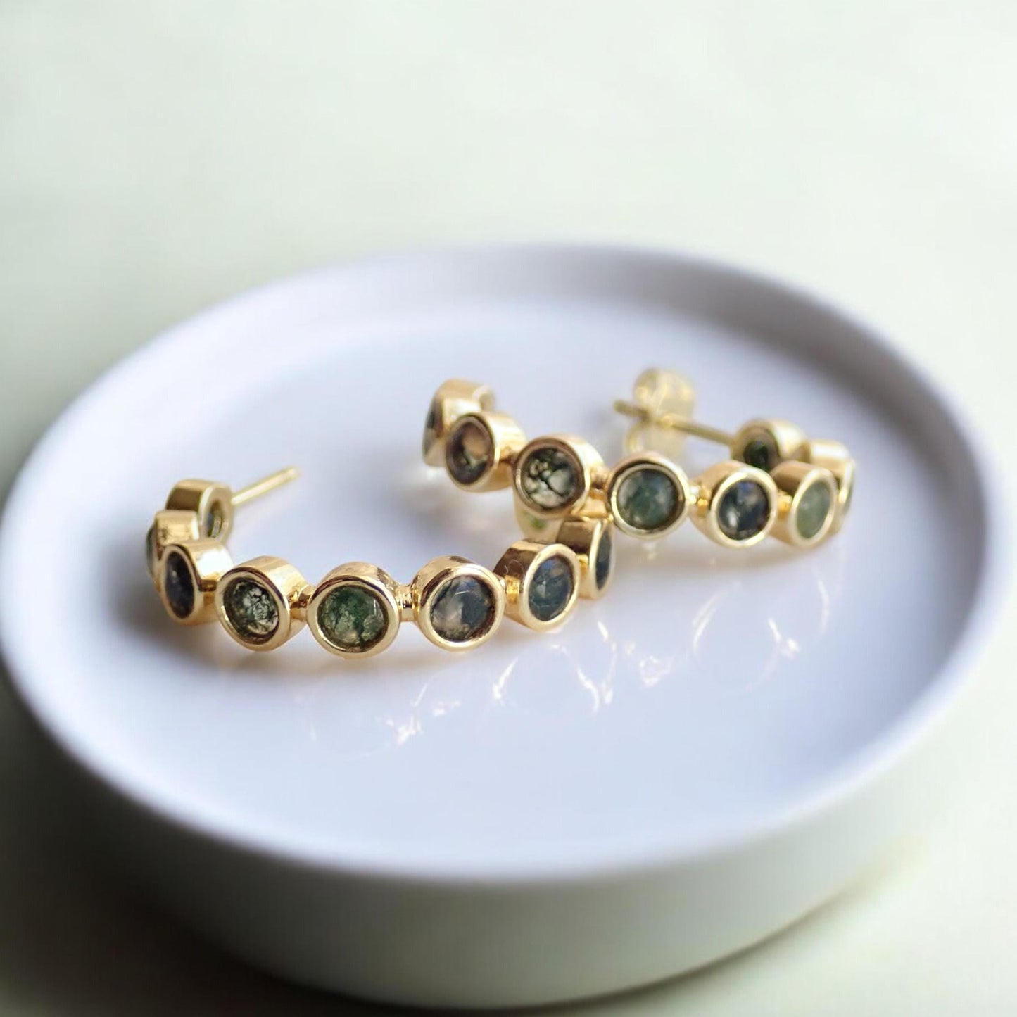 Moss Agate Hoop Earrings, Gold Gemstone Hoops, Moss Agate Jewelry, Green Stone Earrings, Boho Nature Inspired Jewelry Gift, Medium Hoops