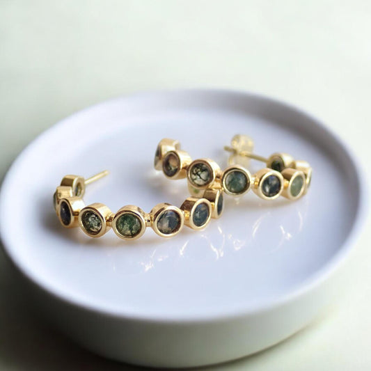Moss Agate Hoop Earrings,  Gold Gemstone Hoops, Moss Agate Jewelry, Green Stone Earrings, Boho Nature Inspired Jewelry Gift, Medium Hoops
