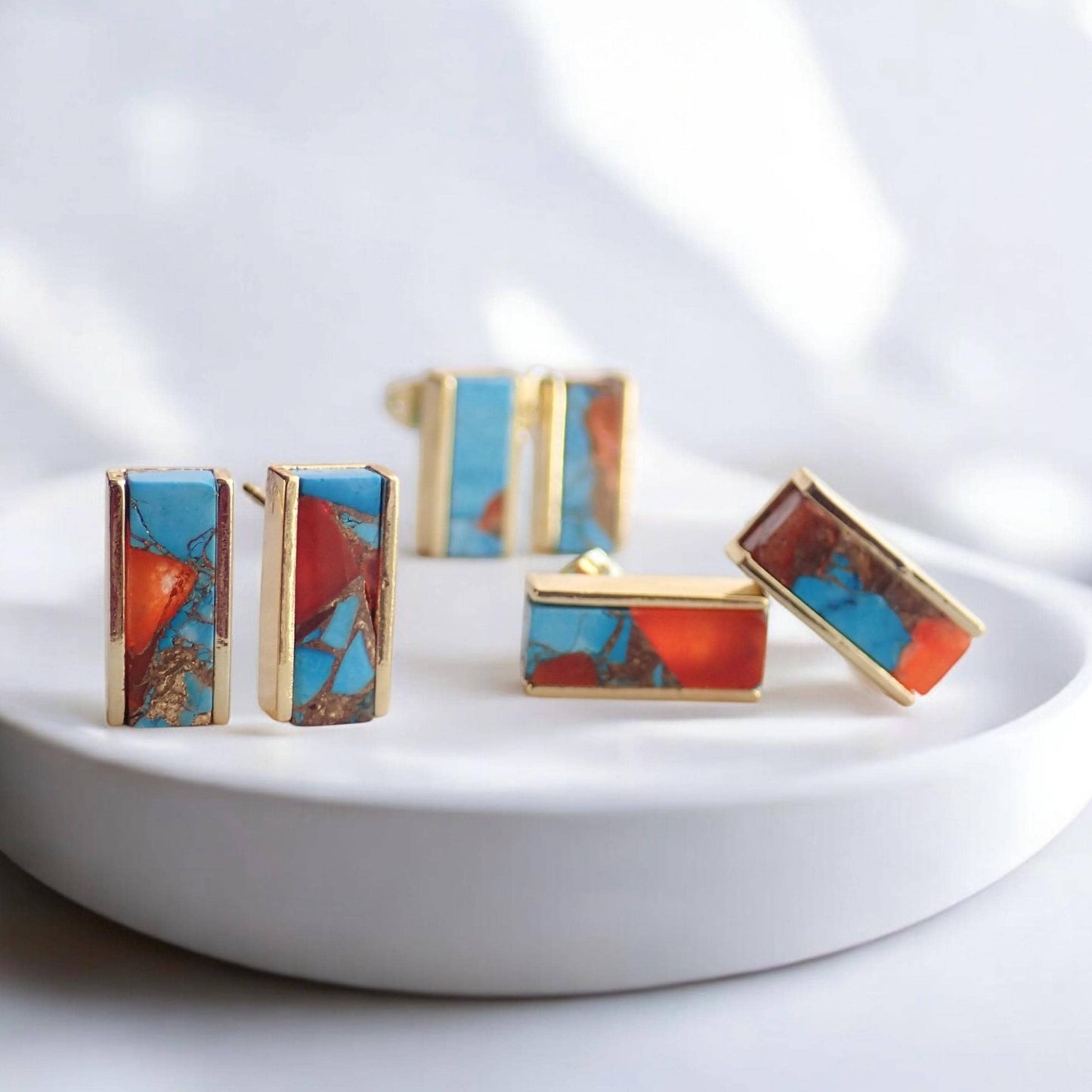 Mojave Oyster Turquoise Stud Earrings- Gold , Rectangle Bar Design, Blue and Orange