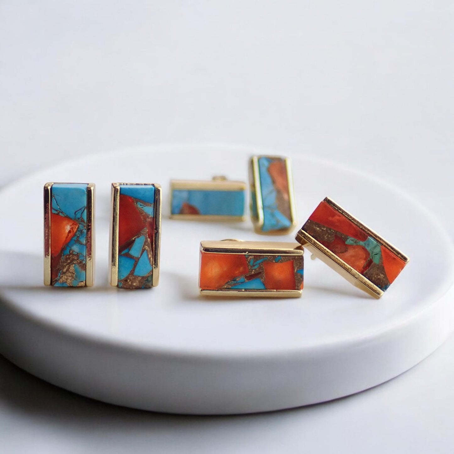 Mojave Oyster Turquoise Stud Earrings- Gold , Rectangle Bar Design, Blue and Orange
